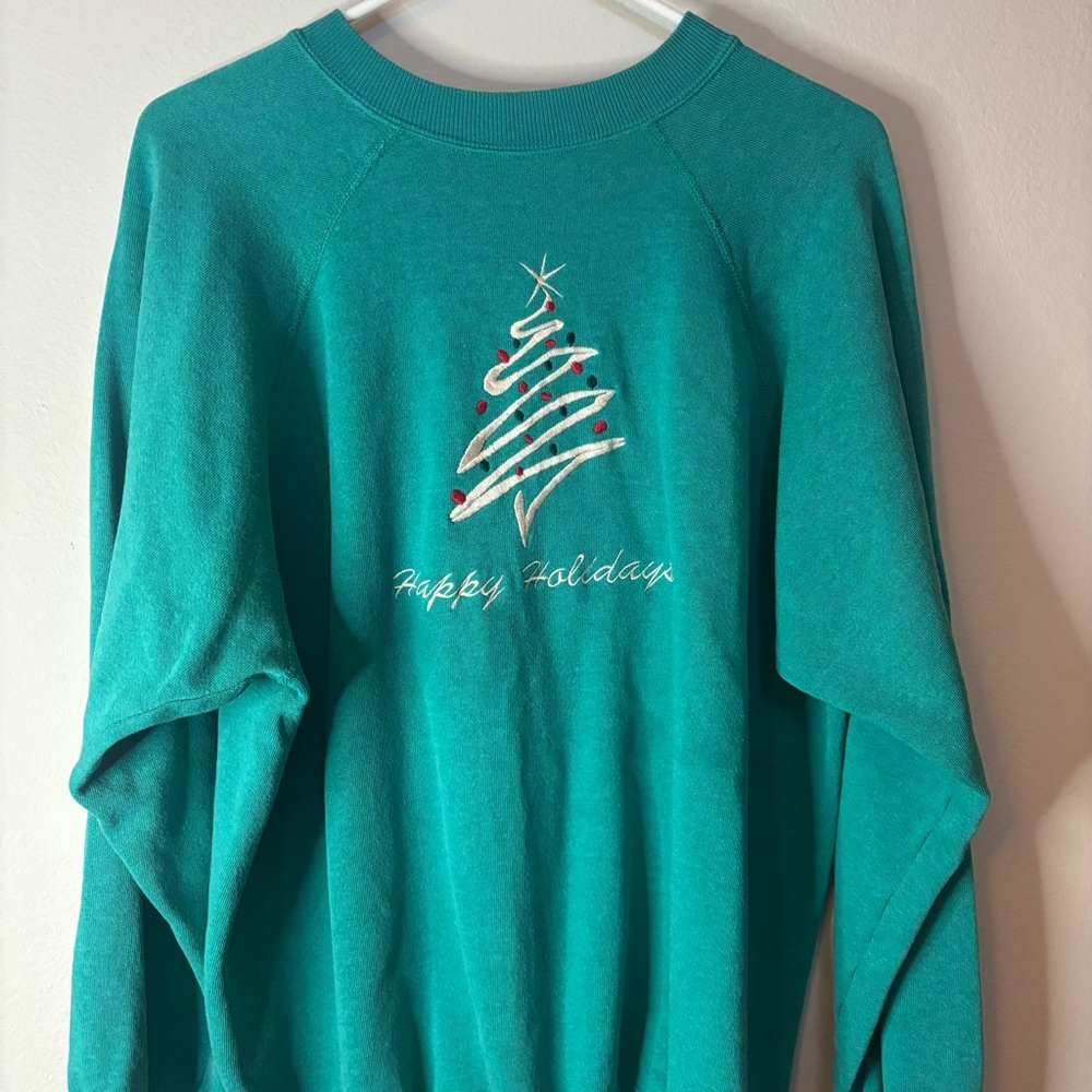 Vintage Teal Holiday Sweatshirt with Festive Tree
